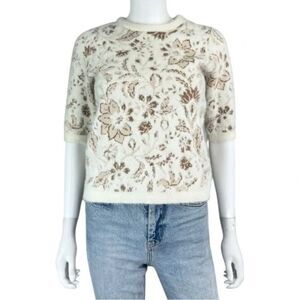 Rachel Zoe Fuzzy Textured Knit Sweater Short Sleeve Floral NWT 🆕